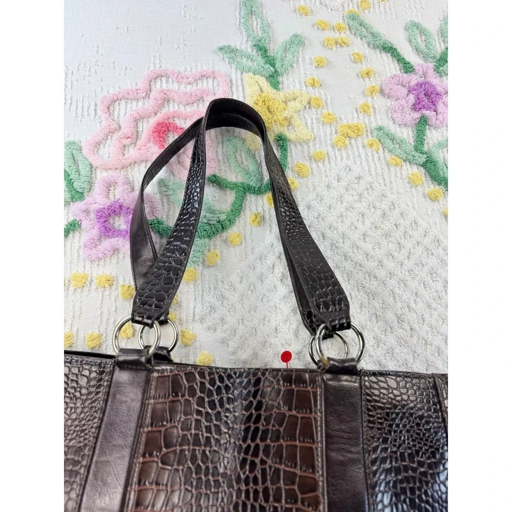 Coldwater Creek Dark Brown Faux Croc Tote Bag Silver Accent - Picture 8 of 11